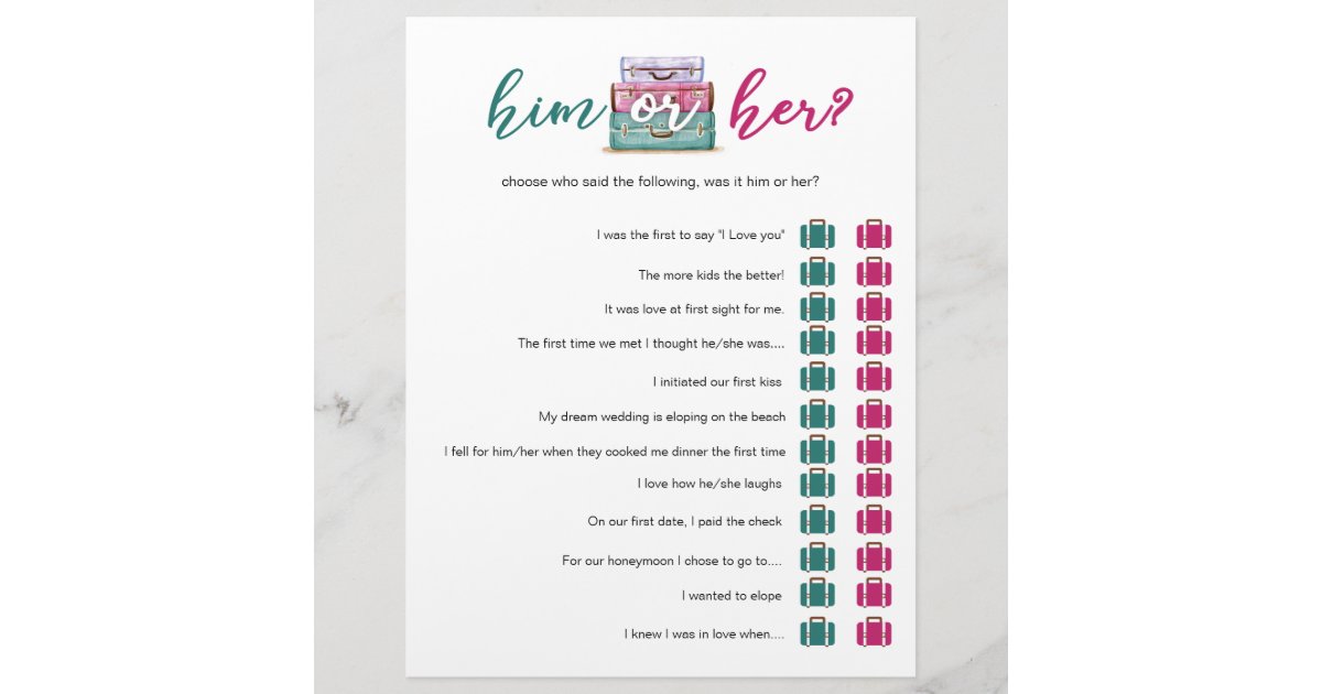 Travel bridal shower game // Pink Teal Him or Her | Zazzle.com
