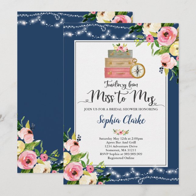 Travel Bridal Shower Invitation Miss To Mrs Floral (Front/Back)