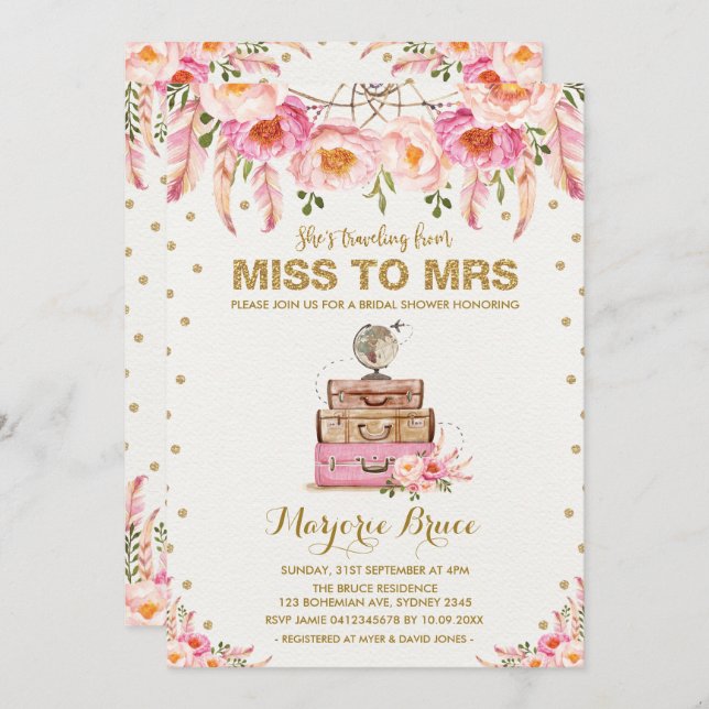 Travel Bridal Shower Miss to Mrs Boho Blush Floral Invitation (Front/Back)