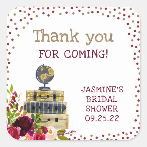 Travel bridal shower thank you favor burgundy square sticker