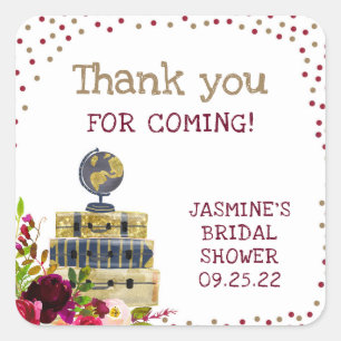 Travel bridal shower thank you favor, burgundy square sticker
