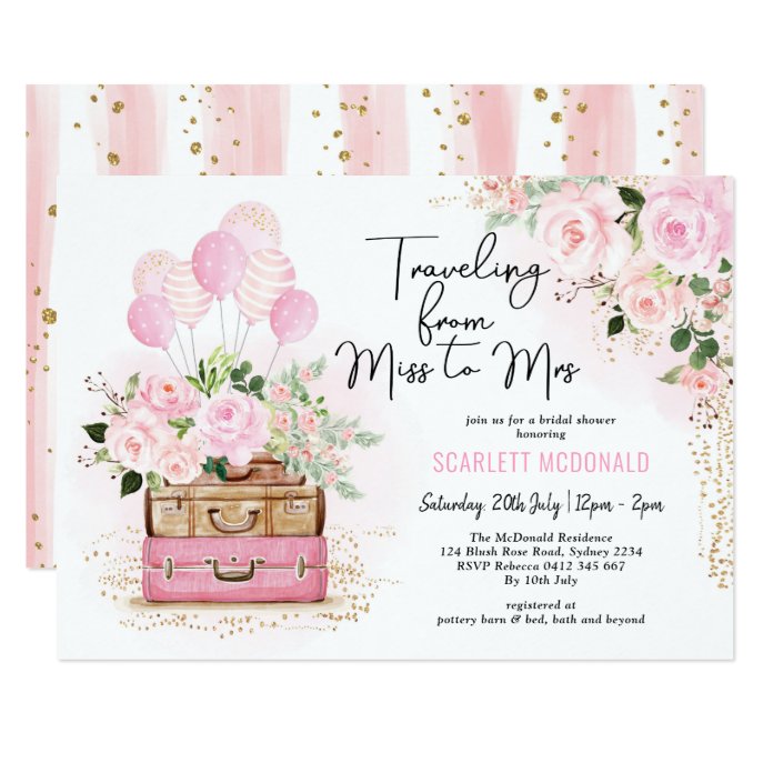 Travel Bridal Shower Vintage Suitcase Pink Floral Invitation