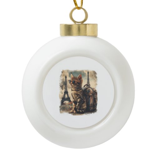 Travel Buddy Cat Ceramic Ball Christmas Ornament