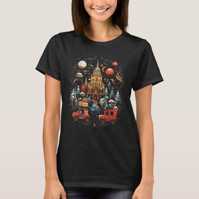Travel Christmas Festive Town Square Snow Globe Xm T-Shirt (Front)