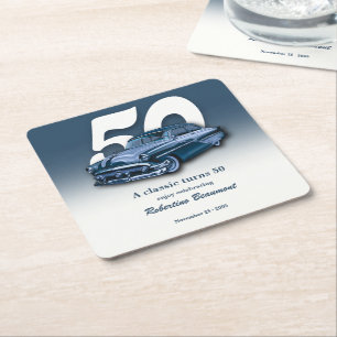 Travel Classic Blue Car Turns 50th Birthday Square Paper Coaster