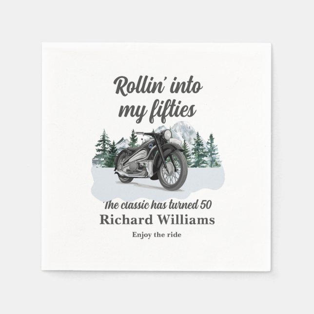 Travel Classic Motorbike Rolling 50th Birthday Napkins (Front)