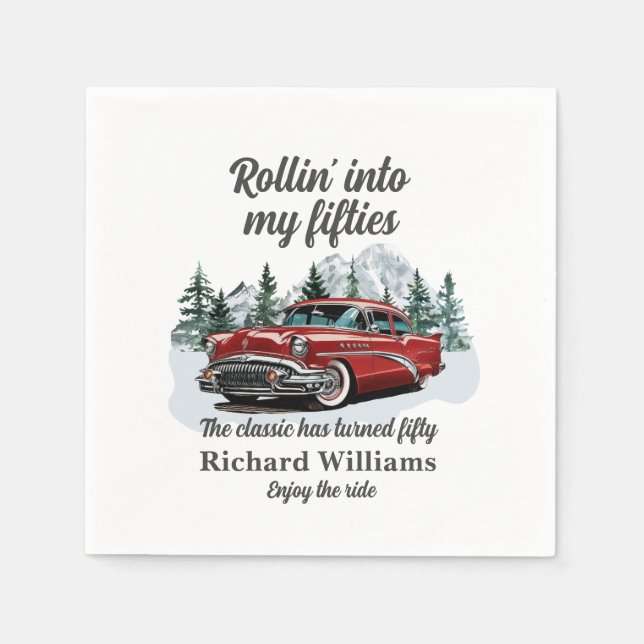 Travel Classic Retro Car Rolling 50th Birthday Napkins (Front)