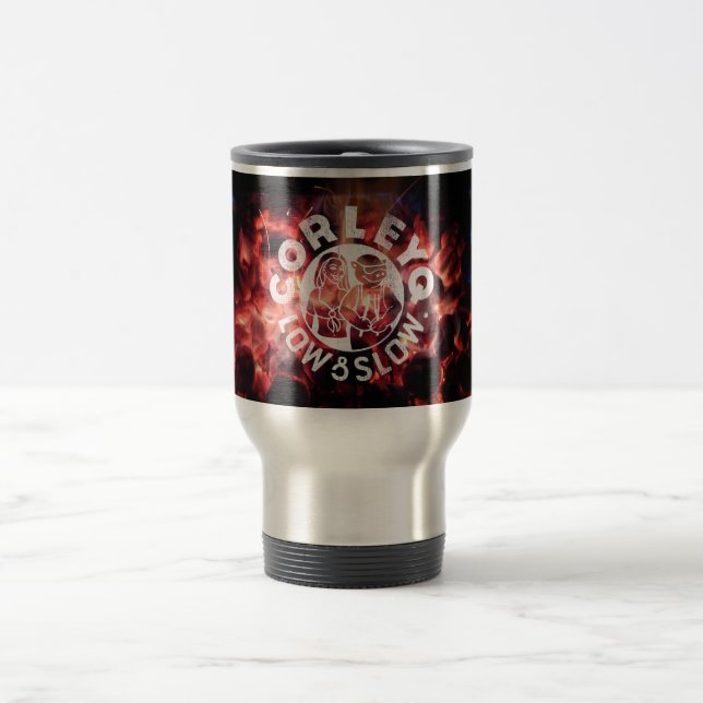 Travel coffee mug with CorleyQ "Fire" design. (Center)