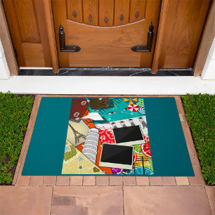 Travel Collage with Iconic Landmarks Vacation  Doormat