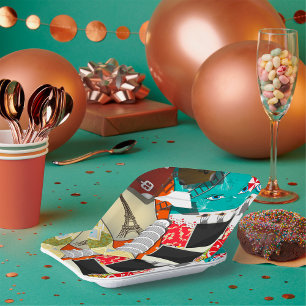 Travel Collage with Iconic Landmarks Vacation  Paper Plates