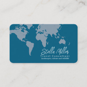 Travel Consultant World Map on Ocean-Blue Business Card