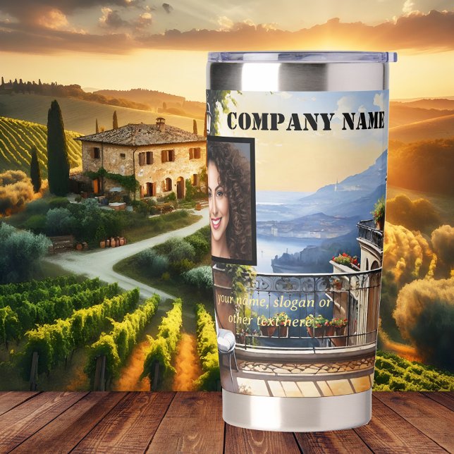 Travel Destination Logo Photo Business Insulated Tumbler (Travel destination thermal tumbler featuring your custom logo, photo and texts)