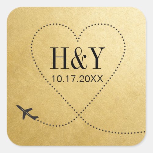 Travel Destination Wedding Airplane Heart Monogram Square Sticker
