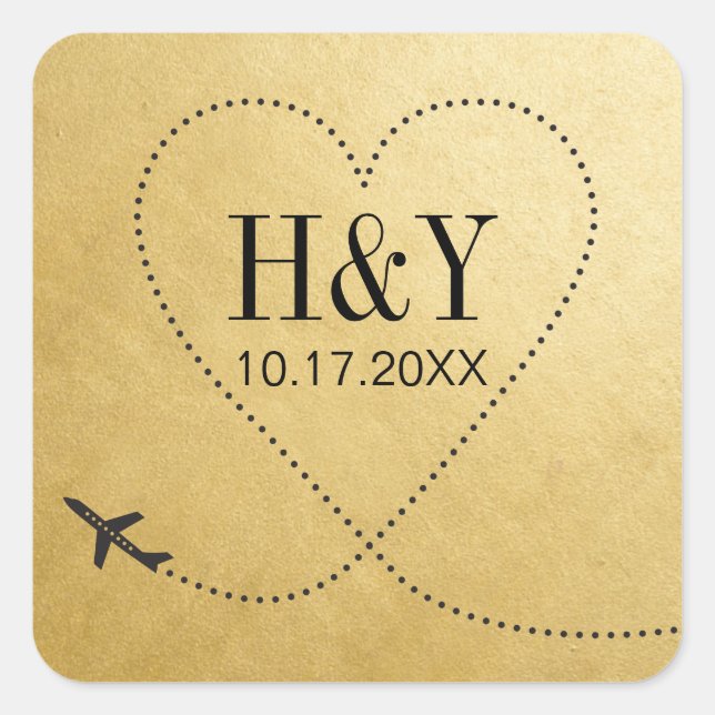 Travel Destination Wedding Airplane Heart Monogram Square Sticker (Front)