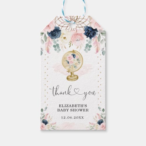 Travel Dreamcatcher Blush Navy Flower Baby Shower Gift Tags
