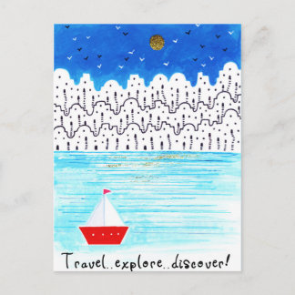 travel explore discover blue white acrylic boat postcard