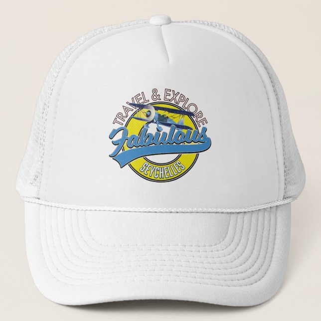 travel explore fabulous Seychelles logo Trucker Hat (Front)