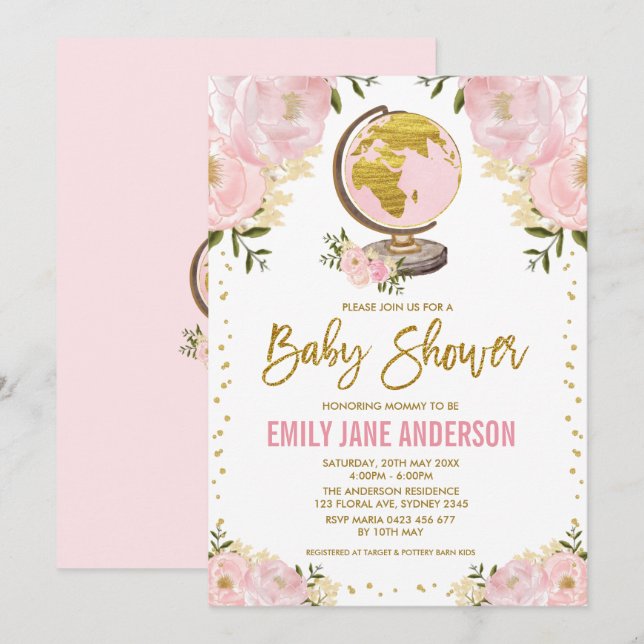 Travel Girl Baby Shower Pink Gold Floral Adventure Invitation (Front/Back)