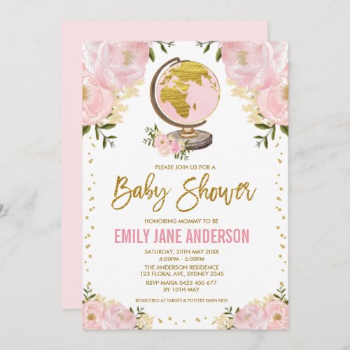 Travel Girl Baby Shower Pink Gold Floral Adventure Invitation