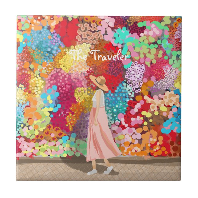 Travel girl colorful ceramic tile (Front)