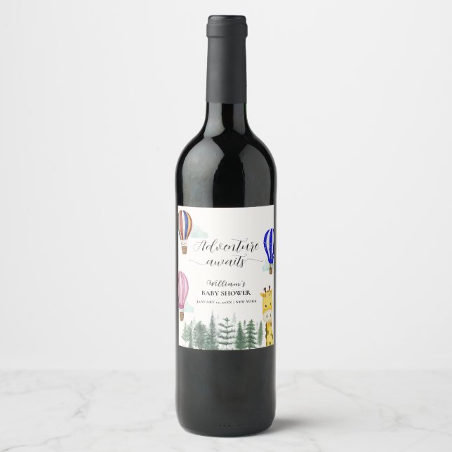 Travel Hot Air Balloon Jungle Giraffe Baby Shower  Wine Label (Front)
