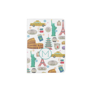 Travel Icons Landmarks Colorful Pattern Monogram Passport Holder