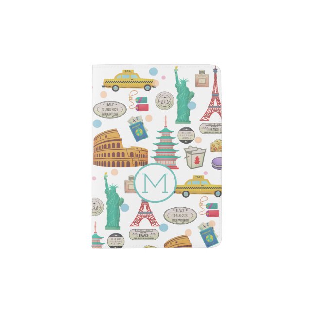 Travel Icons Landmarks Colorful Pattern Monogram Passport Holder (Front)