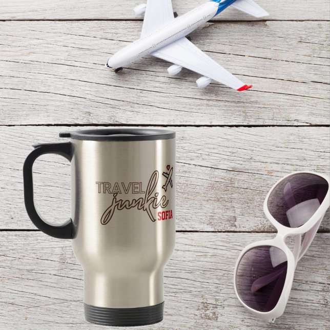 Travel Junkie Airplane Minimalist Personalized Travel Mug (Creator Uploaded)