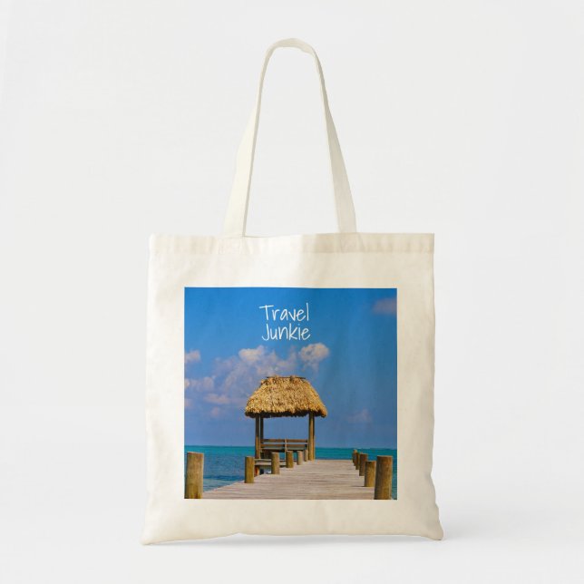 Travel Junkie Tropical Beach Blue Ocean Caribbean Tote Bag (Front)