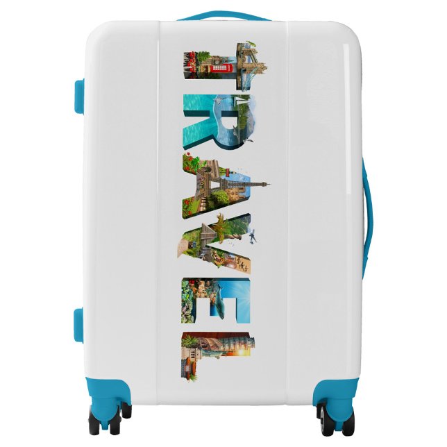 Travel Luggage (A white suitcase with blue accents, featuring the word "TRAVEL" vertically displayed.)