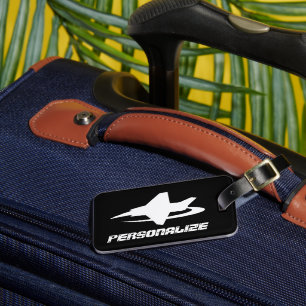 Travel luggage tag with jet fighter aircraft logo