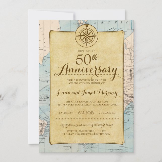 Travel Map 50th Anniversary Invitation (Front)