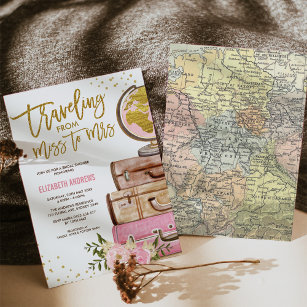 Travel Map Bridal Shower / Pink Gold Floral Invitation