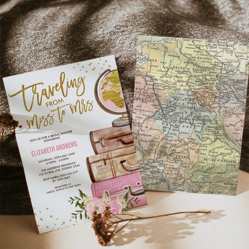 Travel Map Bridal Shower  Pink Gold Floral Invitation