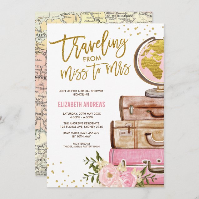 Travel Map Bridal Shower / Pink Gold Floral Invitation