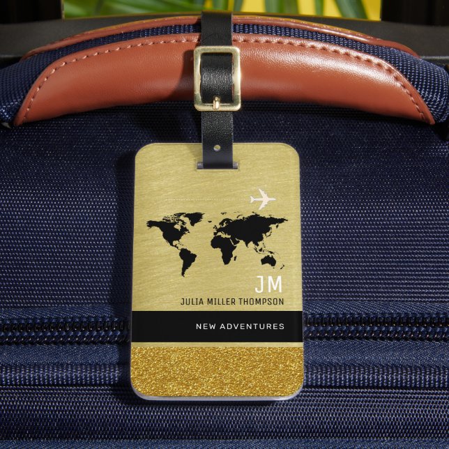 Travel Map Gold Classy International Adventures Luggage Tag (Front Insitu 2)