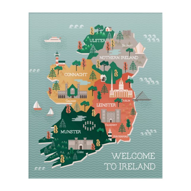 Travel Map of Ireland | Landmarks & Cities Acrylic Print (Front)