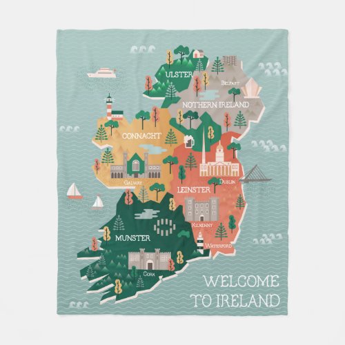 Travel Map of Ireland  Landmarks  Cities Fleece Blanket