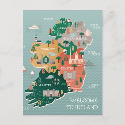 Travel Map of Ireland  Landmarks  Cities Postcard