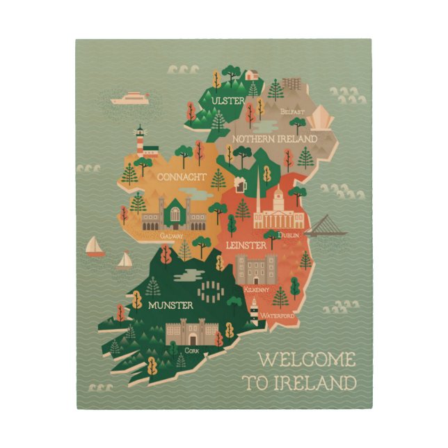 Travel Map of Ireland | Landmarks & Cities Wood Wall Art (Front)