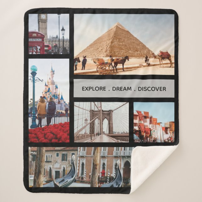 Travel Memories Photo Keepsake Black Gray Sherpa Blanket (Front)