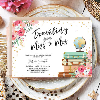 Travel Miss To Mrs Pink Floral Bridal Shower Invitation by Anietillustration at Zazzle