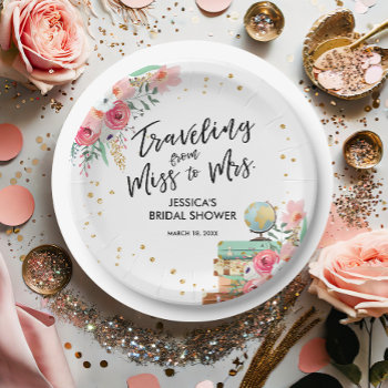 Travel Miss To Mrs Pink Floral Bridal Shower Paper Plates by Anietillustration at Zazzle