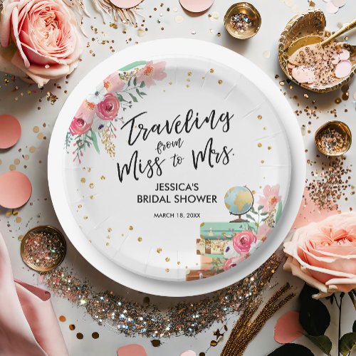 Travel Miss to Mrs Pink Floral Bridal Shower Paper Plates