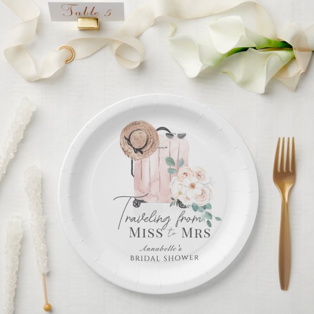 Travel Miss to Mrs Pink Suitcase Bridal Shower Paper Plates (Wedding)