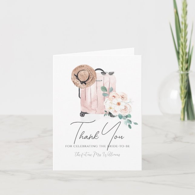 Travel Miss to Mrs Pink Suitcase Bridal Shower Thank You Card (Front)