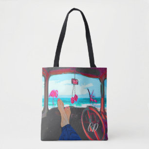 Travel Monogram Beach Scene Flamingos Tote Bag