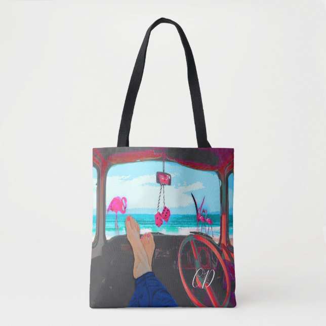 Travel Monogram Beach Scene Flamingos Tote Bag (Front)