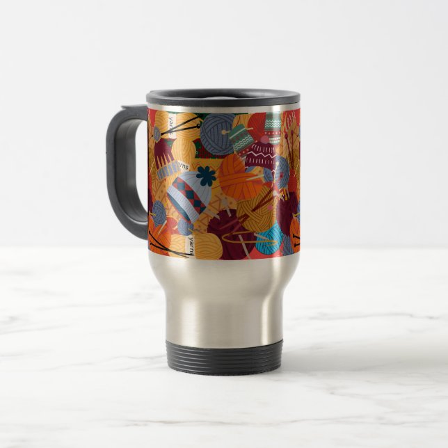 Travel Mug in our Knit 1 Pearl 1 Design (Front Left)