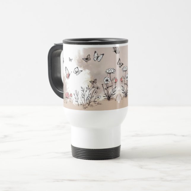 Travel Mug - Neutral Butterfly Nature Design  (Front Left)
